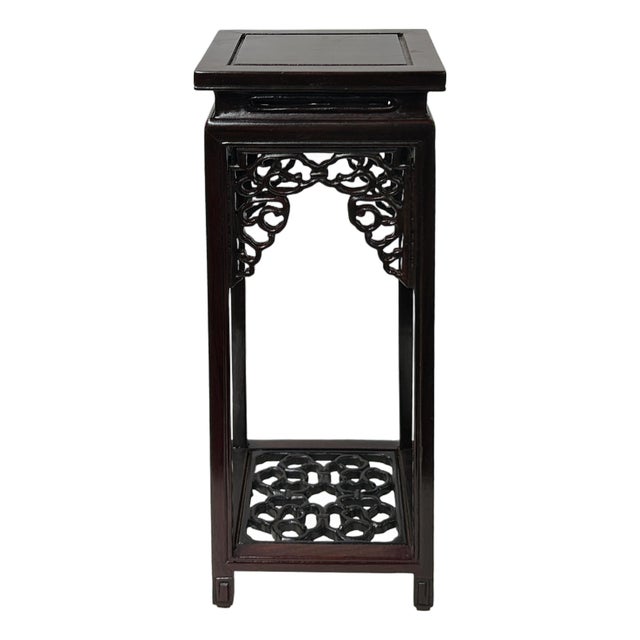 5.75" Dark Brown Scroll Pattern Square Tall Slim Wood Display Stand Riser For Sale