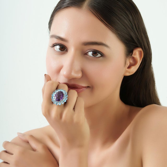Celestial Amethyst Blue Topaz & Orange Sapphire Sterling Silver Cocktail Ring Size 7.5 For Sale - Image 4 of 12