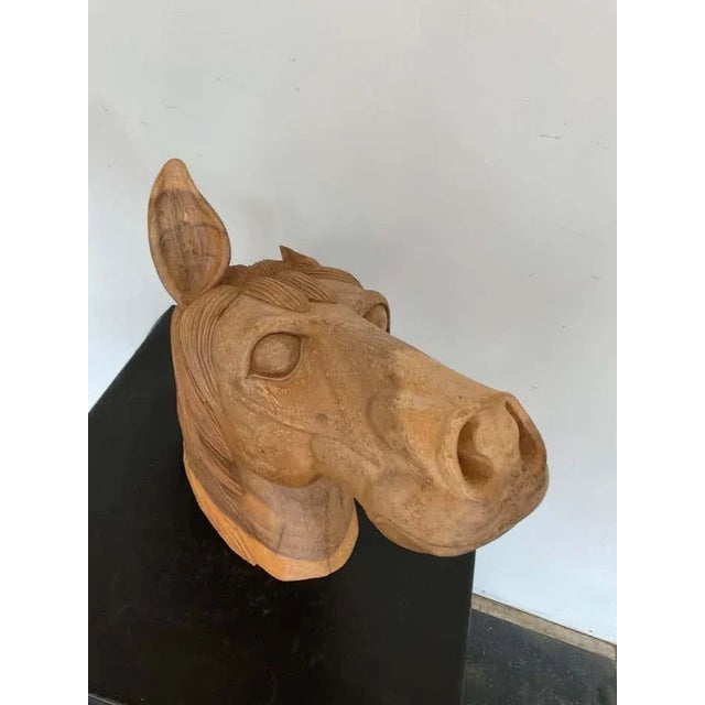 Brown 1960s Carved Life Size Wood Horse Head For Sale - Image 8 of 13