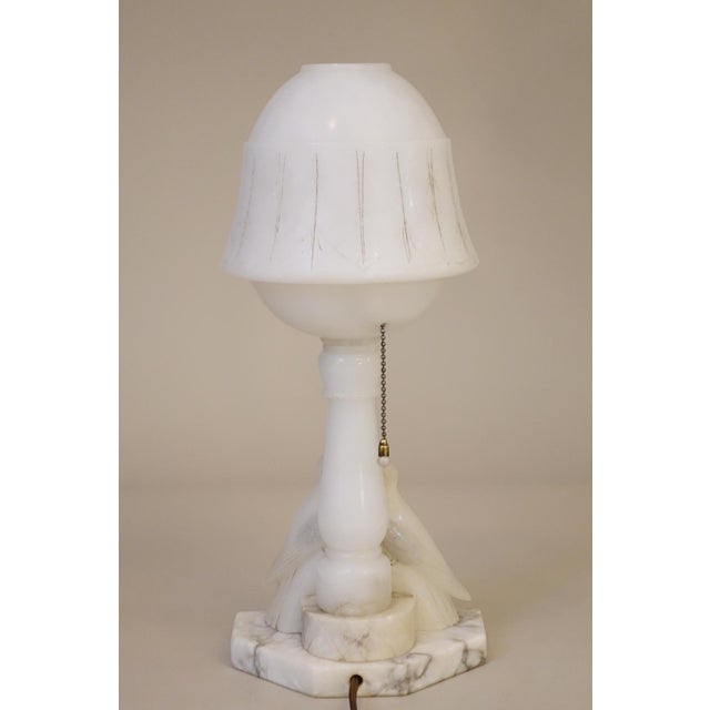 1930s Art Deco Carved Alabaster Marble Two Love Birds Sculpture FairyTable Lamp Italy For Sale - Image 11 of 14