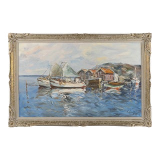 Scandinavian Harbor Scene Oil Painting on Canvas, Framed, Mid-Century Coastal Landscape For Sale