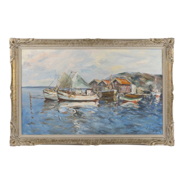 Scandinavian Harbor Scene Oil Painting on Canvas, Framed, Mid-Century Coastal Landscape For Sale