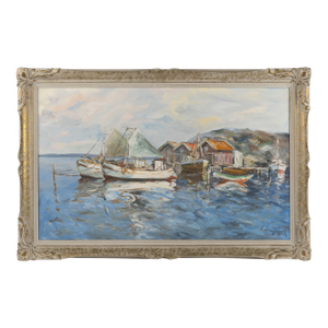 Scandinavian Harbor Scene Oil Painting on Canvas, Framed, Mid-Century Coastal Landscape