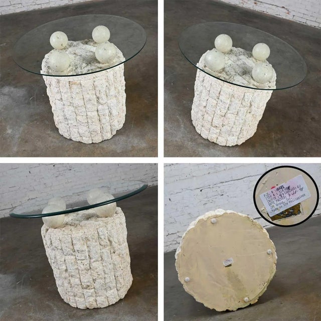 Postmodern Round Tessellated Mactan Stone Base Side Table With 4 Spheres Glass Top Style Maitland Smith For Sale - Image 12 of 12