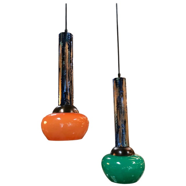 Esperia Pendants Cold Painted in Orange and Green, Italy, 1970s - a Pair For Sale