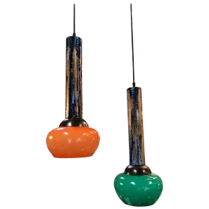 Esperia Pendants Cold Painted in Orange and Green, Italy, 1970s - a Pair
