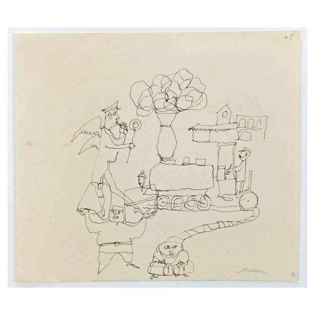 Mino Maccari, The Jolliness, Ink Drawing, 1960s For Sale