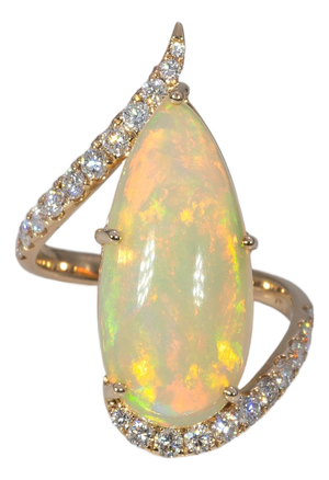 5.1Ct Ethiopian Opal Cabochon Ring With Natural Diamond Accents: Solid 14k Gold, Size 6.75