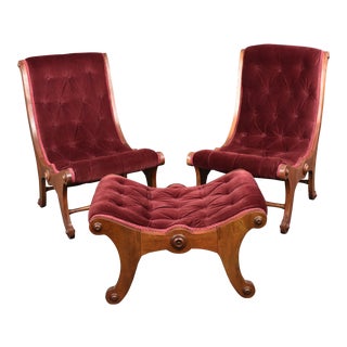 Antique Victorian Mahogany Velvet Tufted Slipper Chairs and Ottoman - Set of 3 For Sale