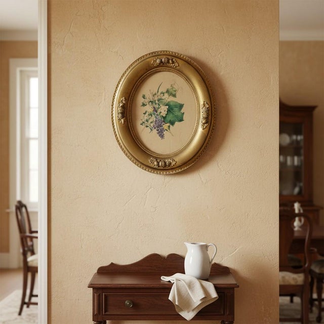 Antique Victorian Botanical Lithograph-Grapes-Oval-Gilt Gesso Wood Frame-Art For Sale - Image 10 of 11