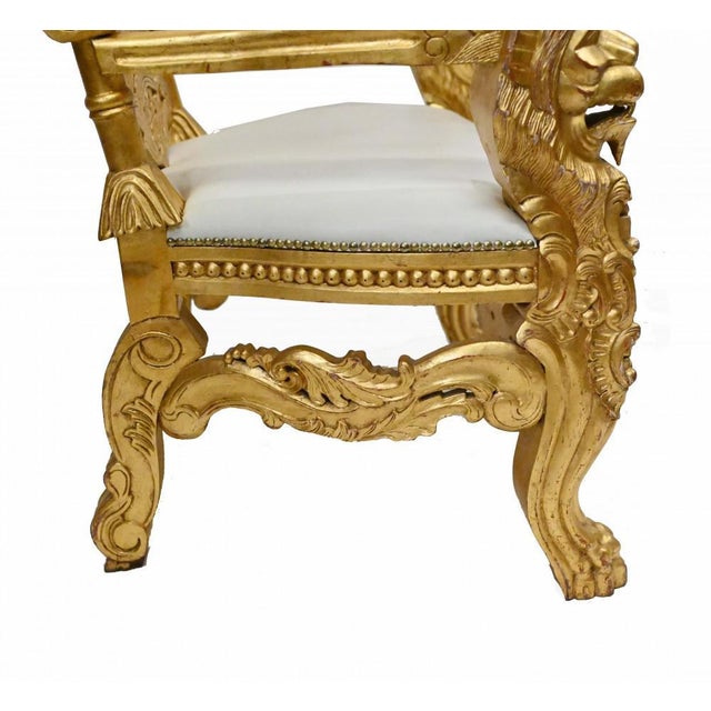 Wood Set of Hand Carved Gilt Throne Armchairs with Lions Heads For Sale - Image 7 of 10