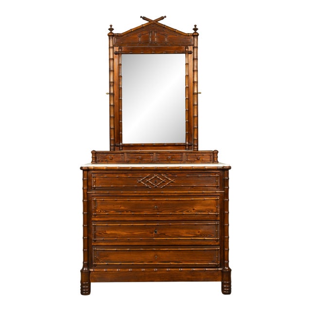 19th Century French Napoleon III Bamboo Dresser With Carrara Marble and Mirror For Sale