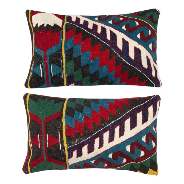 14"x24" SET OF 2 - Handmade Kilim Cushion Covers. A pair of Lumbar Pillow Covers For Sale