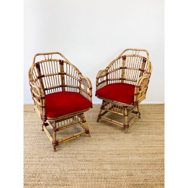 Vintage 1960s Pair of Rattan Chairs made of rattan / bamboo leather wrapped joints red seat cushions great vintage...