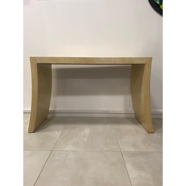 Extraordinary Italian Art Deco parchment console table from the 1940s, originating from a Roman residence. This piece is...