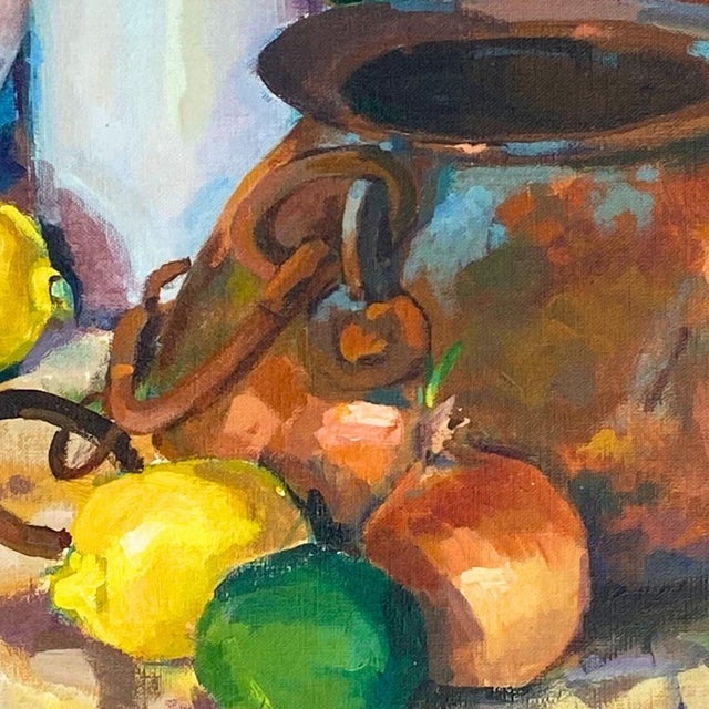 Mid Century Original Oil Painting With Flowers, Fruit, Copper Pot. Bright and Large Canvas. For Sale In Savannah - Image 6 of 10