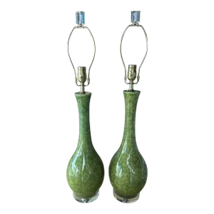 Vintage Pair Mid-Century Modern Ceramic Glazed Green Table Lamps Newly Wired