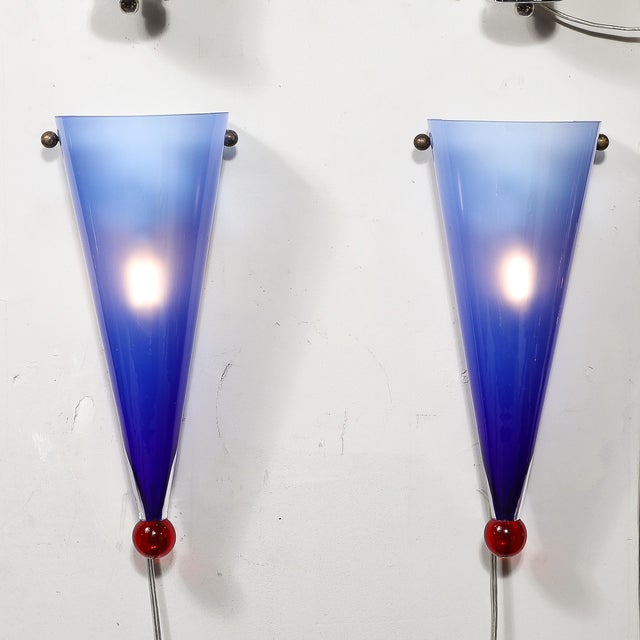 Mid-Century Hand-Blown Periwinkle Murano Glass Conical Sconces Signed Cenedese For Sale In New York - Image 6 of 16