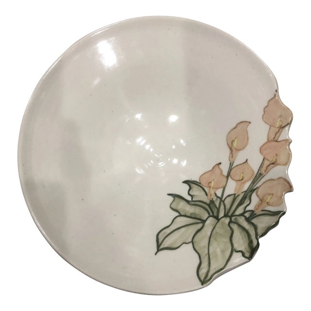 Vintage Boho Pottery Bowl With Pink Lillies Signed For Sale