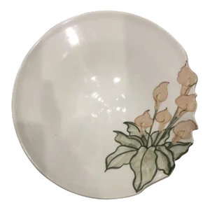 Vintage Boho Pottery Bowl With Pink Lillies Signed