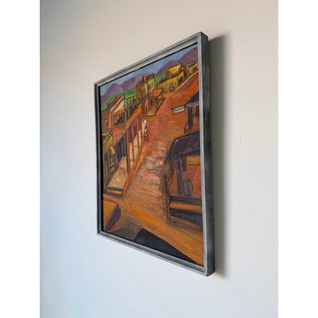 1970s Vintage Southwestern Townscape Oil on Canvas Painting, Framed For Sale - Image 4 of 12