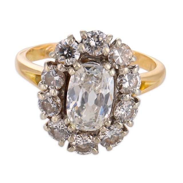 Contemporary Mid Century Gia 1.01 Carat Old Mine Cut Diamond 18k Gold Cluster Ring, Size 12.5 For Sale - Image 3 of 5