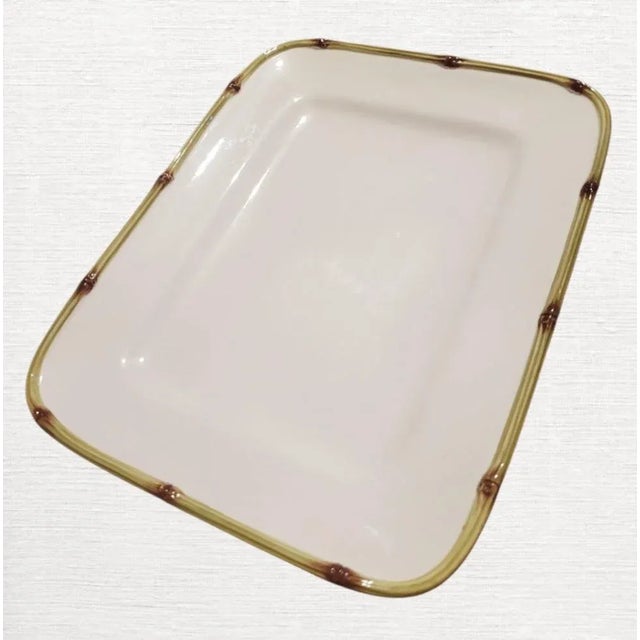 Huge Vintage Ceramic Williams Sonoma White Green Faux Bamboo Trim Giant Serving Platters- A Pair For Sale In West Palm - Image 6 of 8