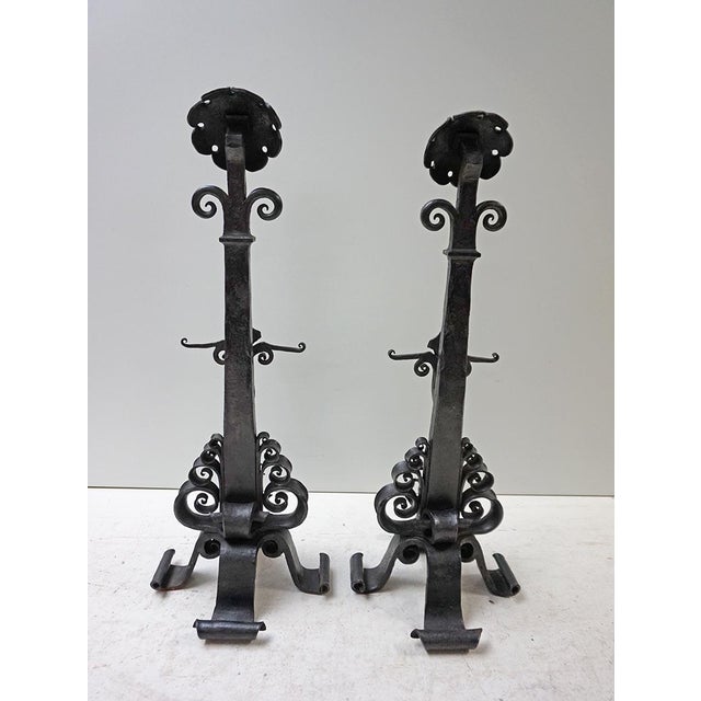 Amsterdamse School Dutch Art Deco Iron Andirons with Cross Bar, 1920s, Set of 3 For Sale - Image 11 of 15