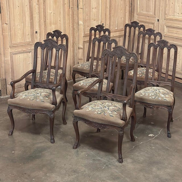 Set of 8 Antique Country French Liègeois Dining Chairs With Needlepoint Tapestry Includes 2 Armchairs For Sale - Image 4 of 18