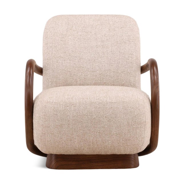 Elegant modern lounge arm chair with continuous curved wood frame that wraps fluidly from arm to base, creating a striking...