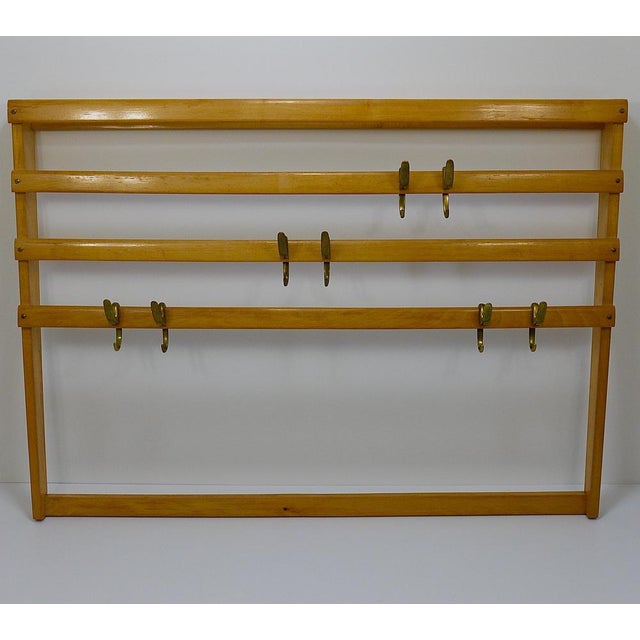 1950s Large Mid-Century Coat Rack in Beech with 8 Brass Hooks attributed to Carl Auböck, 1950s For Sale - Image 5 of 18