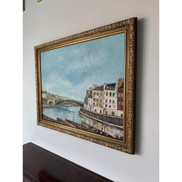 Claude Mourier European River Landscape Oil on Canvas Painting, Framed For Sale - Image 4 of 12