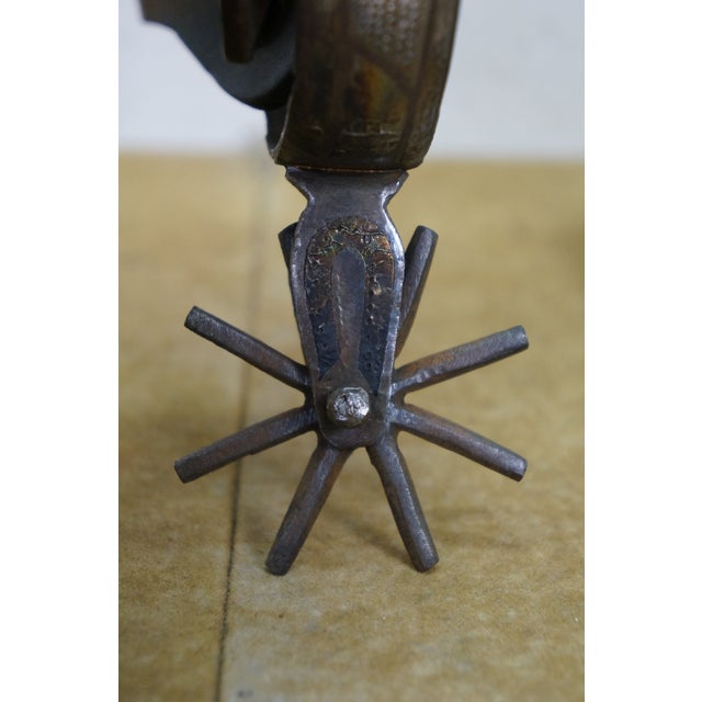 Metal Antique Southwestern Mexican Spanish Cowboy Iron Copper Inlay Horse Spurs For Sale - Image 7 of 16