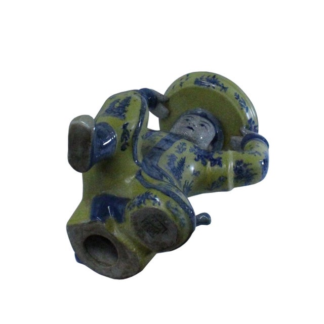 Oriental Vintage Ceramic Yellow Blue Flower Man Holding Dish Figure For Sale In San Francisco - Image 6 of 7