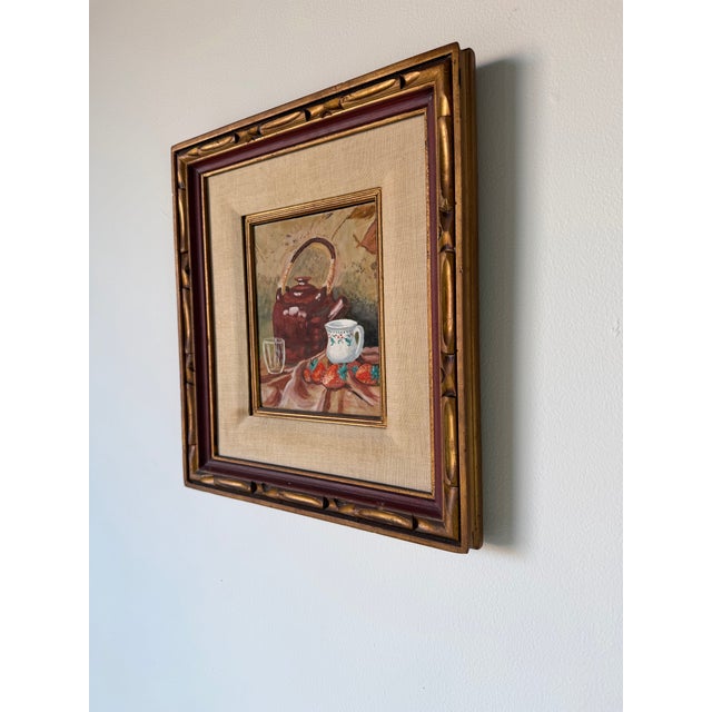 Mid-Century Modern 1970s Vintage Still Life Oil on Board Painting of Teapot, Strawberries & Mug – Framed For Sale - Image 3 of 11