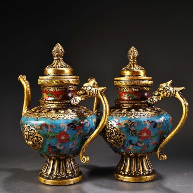 1980s Gilt Bronze & Cloisonné Dragon Teapots / Ewers - Turquoise Enamel - a Pair For Sale In Los Angeles - Image 6 of 10