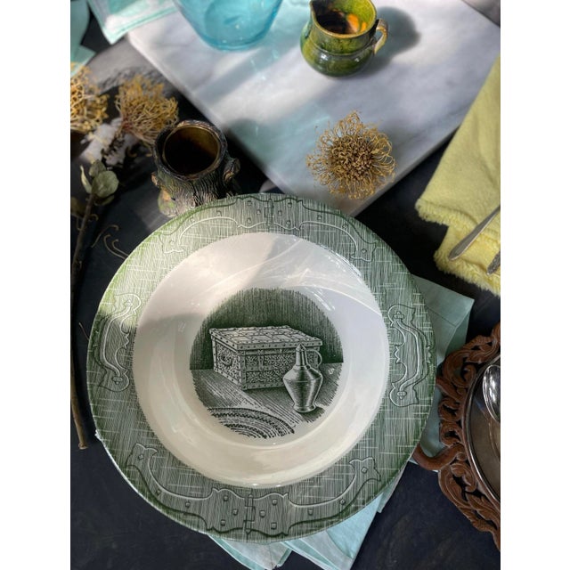 Green 1950s MCM Old Curioisity Shoppe Green and White Transferware Serving Bowl For Sale - Image 8 of 9