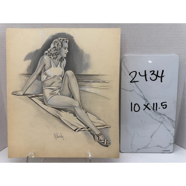 1940s Original Signed Graphite Illustration of Seated Woman at the Beach, 11.5 X 10 In. For Sale In Atlanta - Image 6 of 6