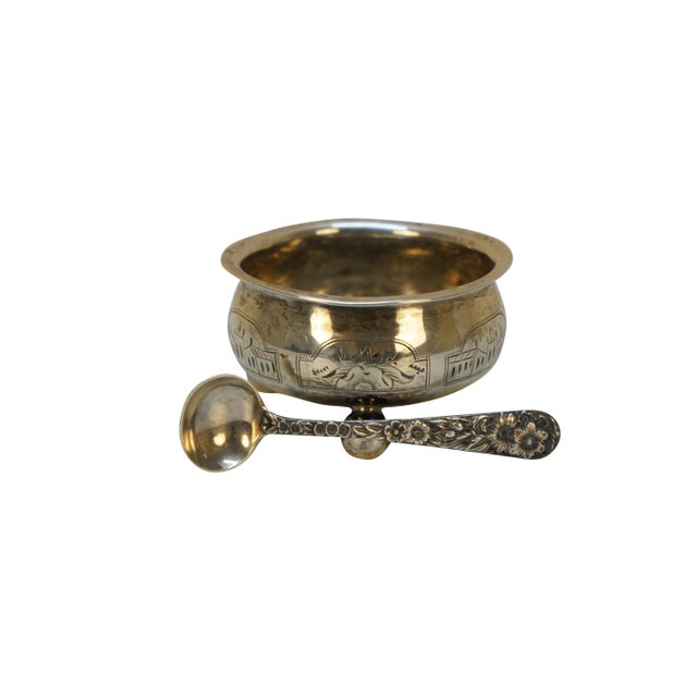 Gothic Antique 1874 Russian Silver Salt Cellar & S Kirk & Son Sterling Spoon 2.5" For Sale - Image 3 of 15