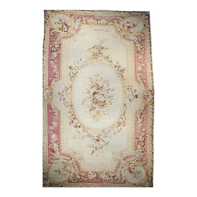 Antique French Aubusson Rug, Handwoven Wool, Floral Pattern, Ivory & Pale Green, 12' X 18' For Sale