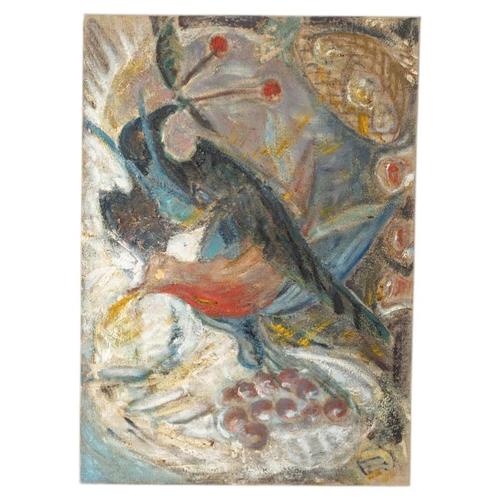 Textile Unknown, Painting Depicting Birds in a Fruit Tree, Oil on Canvas For Sale - Image 7 of 7