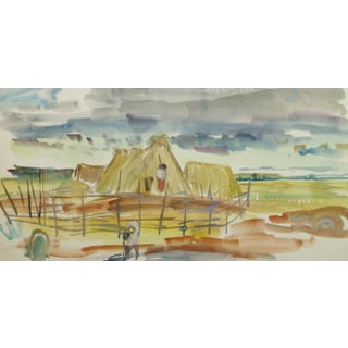 Stéphane Magnard, Watercolor Landscape - Scene of Workers and Family on a Farm For Sale