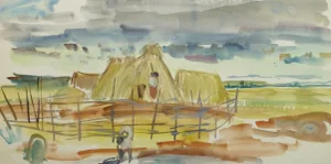 Stéphane Magnard, Watercolor Landscape - Scene of Workers and Family on a Farm