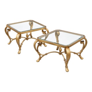 Pair of Vintage Hollywood Regency Gold Leaf Beveled Glass End Tables For Sale