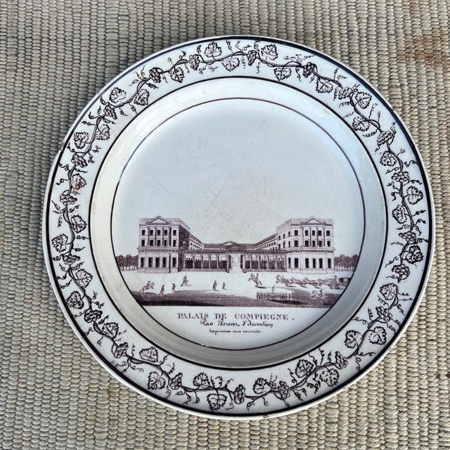 Ceramic A Antique French Creamware Plate With Black Transfer Decoration, "Palais De Compiegne", Circa 1800 For Sale - Image 7 of 12