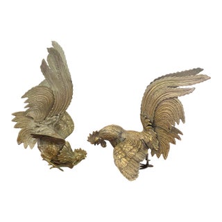 Gorgeous Antique Pair of Brass Fighting Roosters Sculptures For Sale
