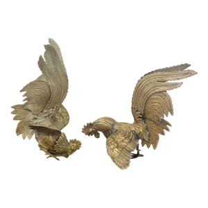 Gorgeous Antique Pair of Brass Fighting Roosters Sculptures