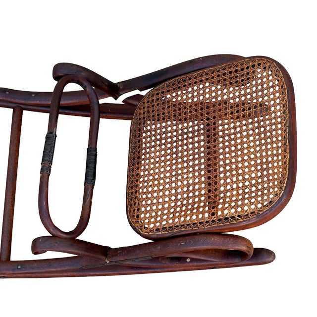 Antique Vienna Secession Bent Oak & Caine Rocking Foot Stool W/ Braces Attributed to Thonet No.7001 For Sale In Los Angeles - Image 6 of 7