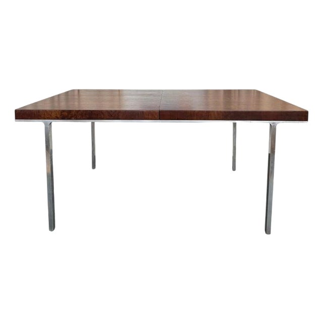 Swiss Mid-Century Modern Burl Walnut Chrome Extension Dining Table, John Stuart For Sale