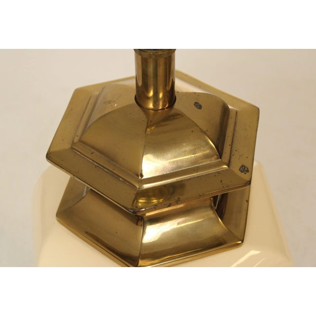 Stiffel Brass and Ceramic Pair of Vintage Hexagonal Table Lamps For Sale - Image 12 of 12